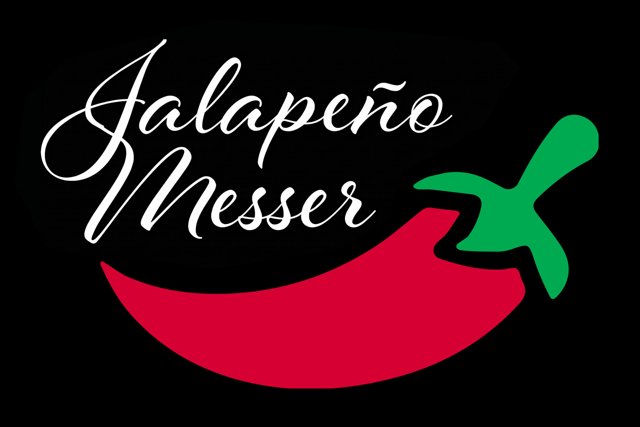 Ein stilisierter roter Chili mit grünem Stiel auf schwarzem Hintergrund. Der weiße Schriftzug "Jalapeño Messer" steht in geschwungenen Buchstaben über dem Chili.